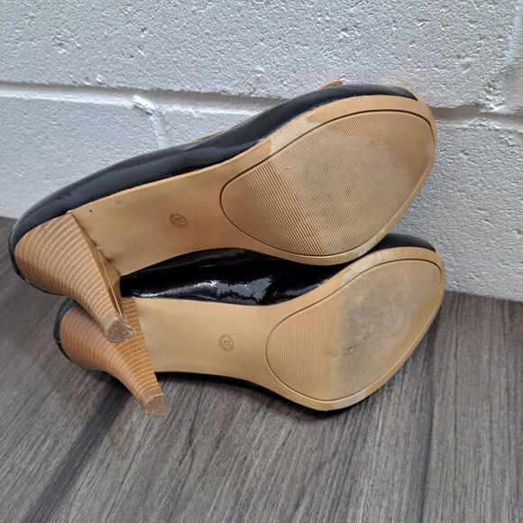 Miss Bisou High Heels Black, Gold Buckle Open Toe Casual Heels Women's Sz 6.5M - Picture 5 of 8